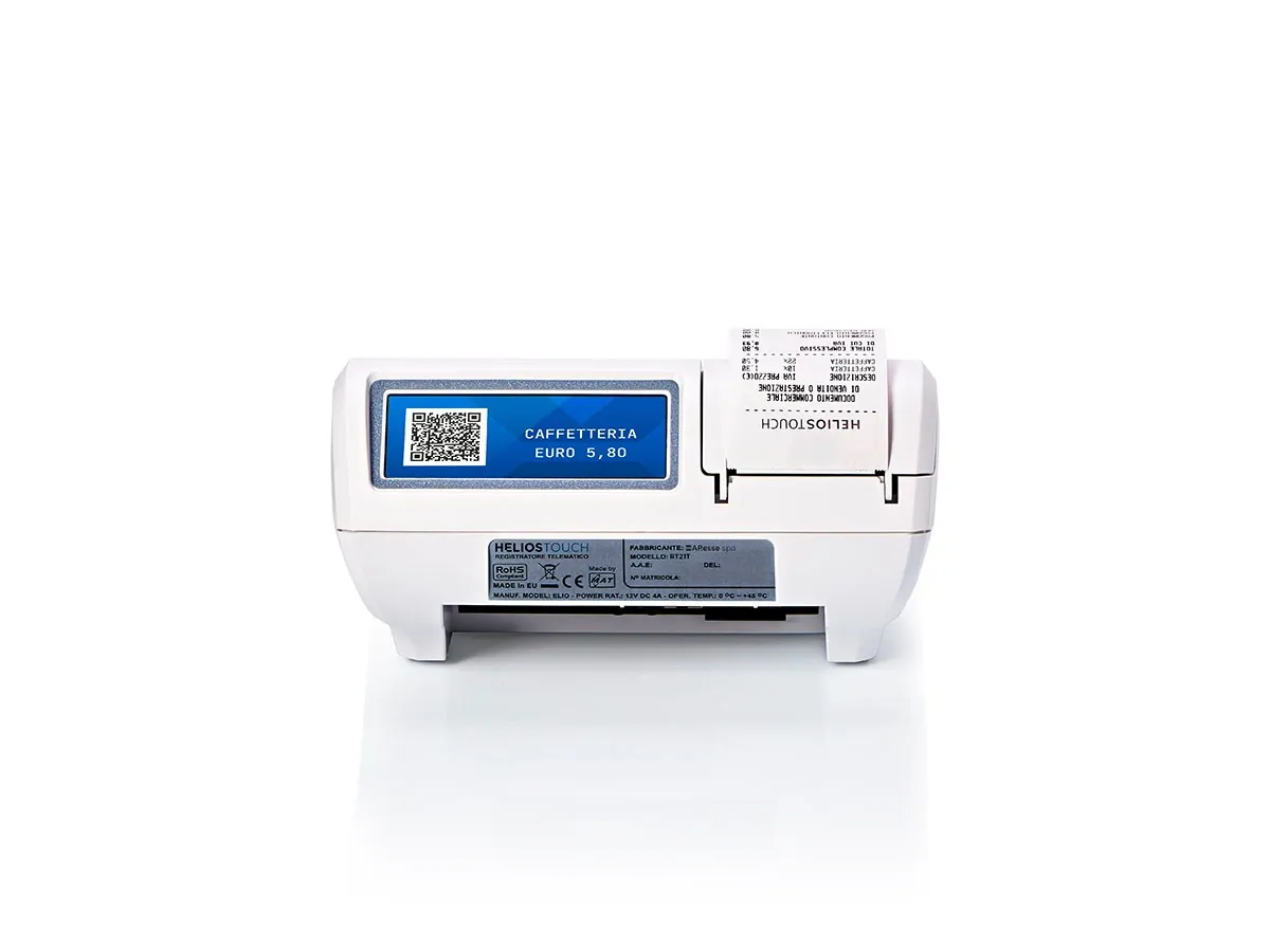 Registratore Helios Touch RT con display posteriore per digital signage e messaggi commerciali