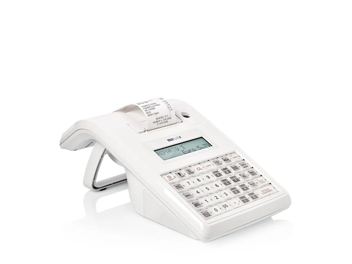 Registratore Edo II Plus RT installato sul bancone di un punto vendita per l'invio telematico dei corrispettivi