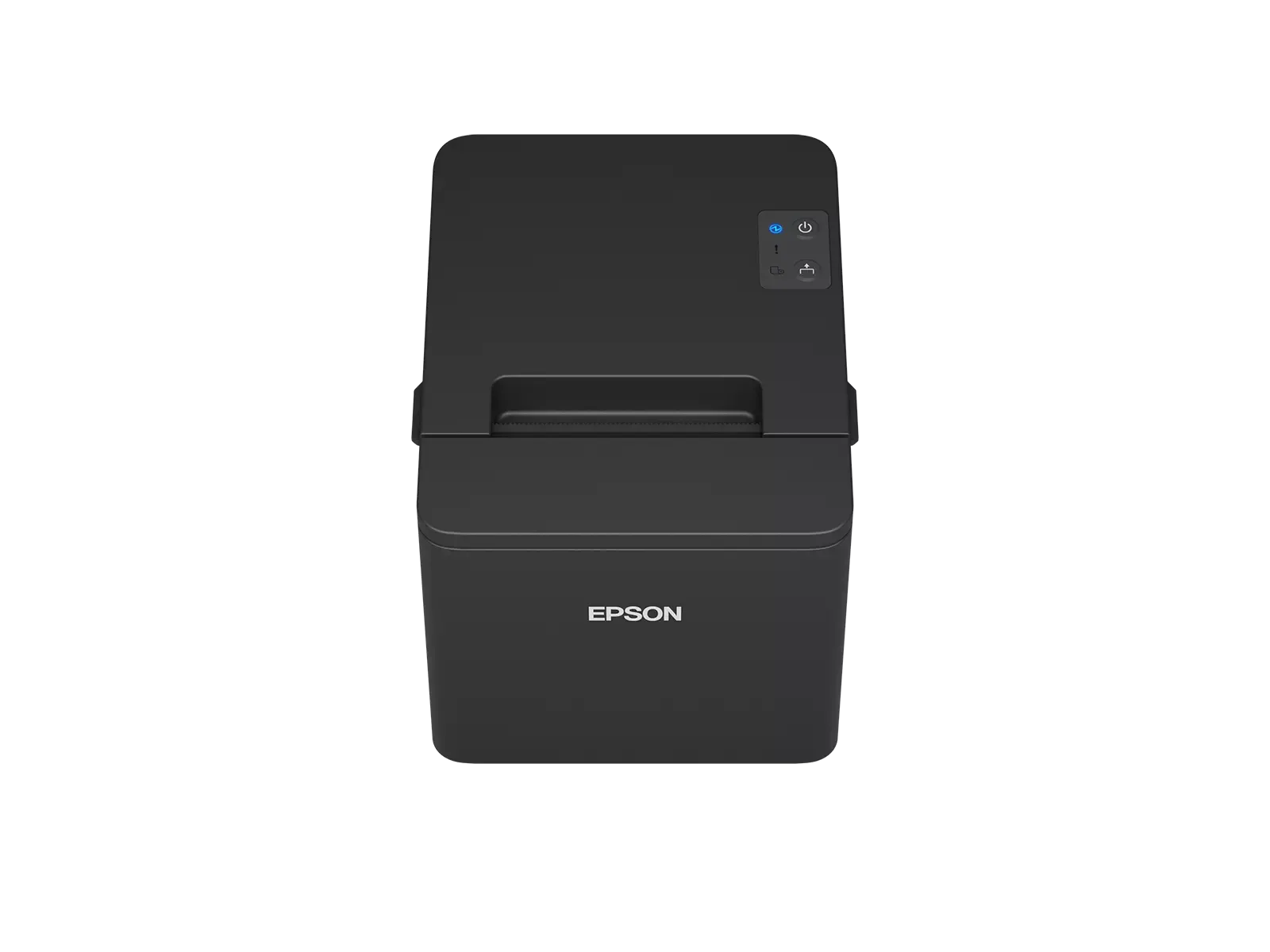 Vista frontale della stampante Epson TM-T20IV posizionata sul banco cassa con finitura nera elegante