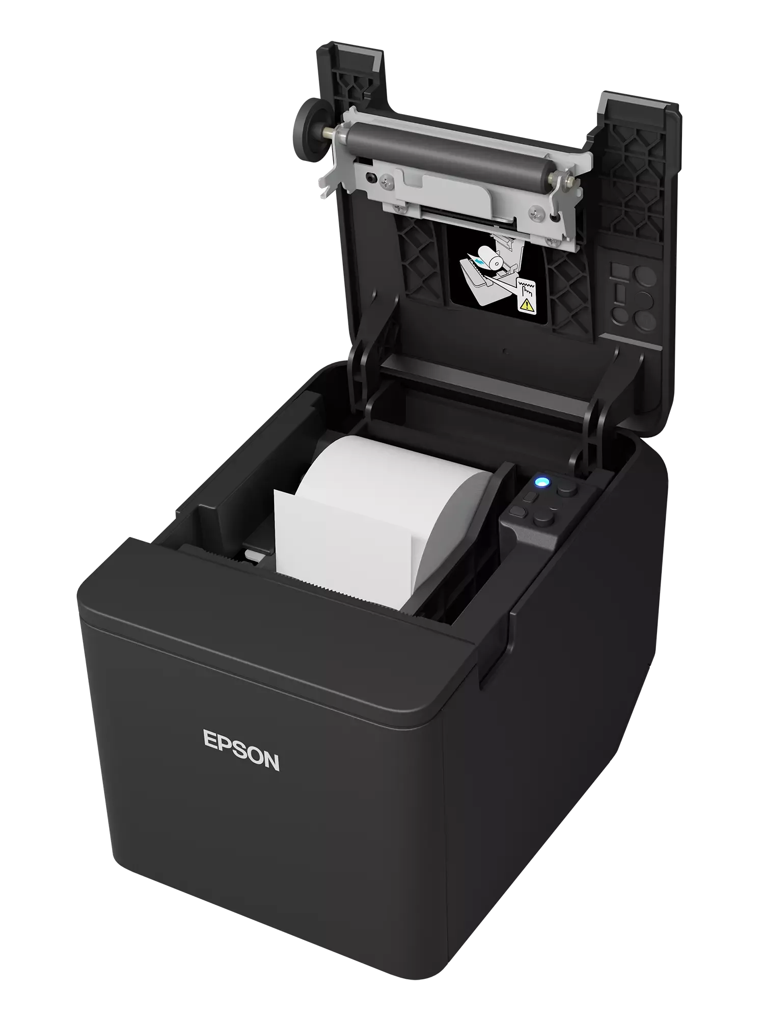 Stampante Epson TM-T20IV installata sulla scrivania di un negozio al dettaglio accanto a un display cassa touch